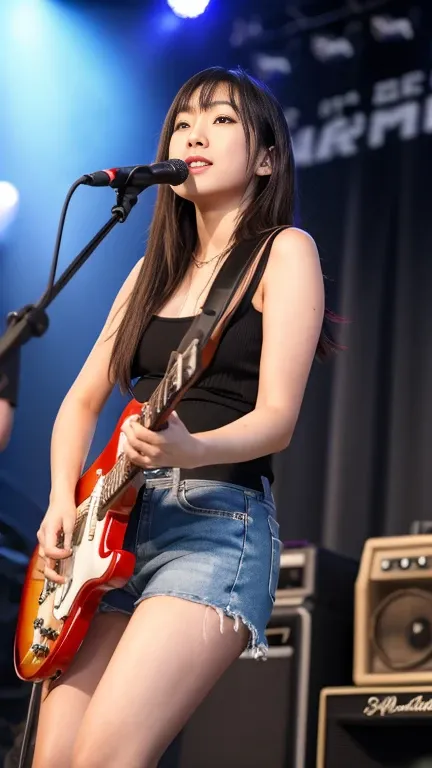 (Beautiful Japanese woman playing a Fender Stratocaster on stage at an outdoor event)、Outdoor Live、(Best Quality、8k、RAW Photos)、(Genuine:1.2) 、(25 year old Japanese beauty:1.2、Idol&#39;Face:1.3) 、Head to knees portrait、View from behind、((Tight T-shirt）、(Le...