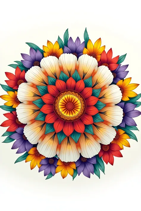 Flower mandala designs with 6 colours : white green violet orange yellow red and 40. Cm radius  it should vibrant and should appeal to the eye. The design should be creative. The image should be a complete circle design.
