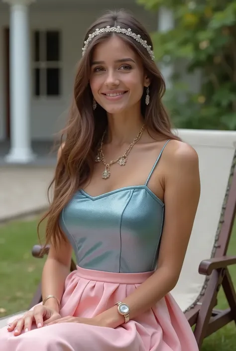 Ultrarealistic shot of a full body portrait of an ultrarealistic young 20 year old brunette German bridesmaid with long hair, headband, Necklace, smile. She smiles playfully in front of the camera in a shiny metallic, darkblue top and metallic pink skirt A...