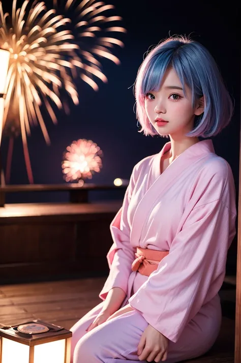 a girl, beautiful japanese girl with pink and light blue hair. captivating gaze, bob cut. loose perm, half open mouth, open legs, yukata, exquisite details, fireworks, stunning portrait, highly detailed, realistic, photorealistic, 8K, ultra detailed, maste...