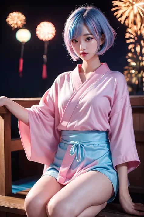 a girl, beautiful japanese girl with pink and light blue hair. captivating gaze, bob cut. loose perm, half open mouth, open legs, yukata, exquisite details, fireworks, stunning portrait, highly detailed, realistic, photorealistic, 8K, ultra detailed, maste...