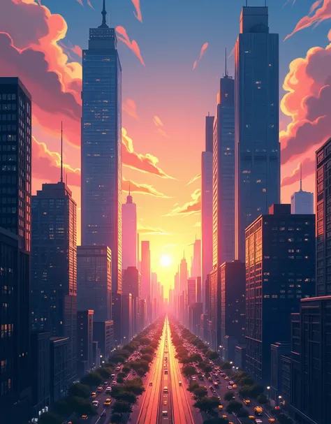 Creat a detailed anime style illustration of An awe-inspiring anime cityscape at sunset, where towering skyscrapers cast long shadows over the bustling metropolis below. The golden hues of the sun bathe the glass buildings in a warm glow, while streaks of ...