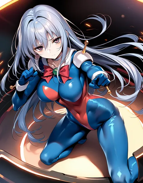 Neck ribbon,Perfect hands, Perfect fingers,Perfect Anatomy, masterpiece, Best Quality,Anime Style, 16K HDR,(One Girl:1.4), ,Blue Hair, Straight Long Hair,mobile trace suit, shoulder armor,break,(Red and blue bodysuit:1.4),Sexy pose, whole body, cockpit,(Ex...