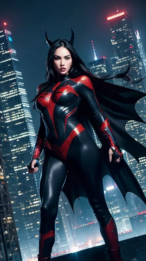 Megan Fox as a superhero fusion of Spiderman and Batman, standing atop a skyscraper, powerful, fierce, determined, city skyline stretching behind her, dark and brooding atmosphere, hyper-realistic style with intricate costume details, dramatic night lighti...