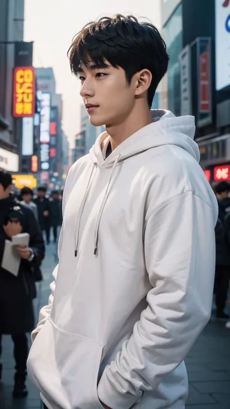 jungkook, (masterpiece, Top quality), 10,000, Muscular, Asian, Alone, 23 years old, bright skin, Handsome, Bokeh, Detailed background,, Symmetrical eyes, The cinematic scenes shot with Canon 5D are very realistic, short hair undercut, A little smile, ((Seo...