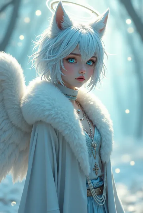 Wolf girl, short hair, loose channel style, white color, light blue eyes, with halo on head, with sufi and chic clothes in blue and white tones with a white fur coat, alternative and happy personality.