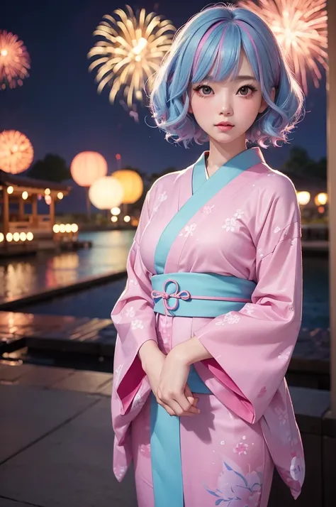 a girl,Beautiful Japanese girl with pink and light blue hair. Captivating gaze, bob cut. Loose perm, half open mouth, open legs, traditional yukata, exquisite details, fireworks, stunning portrait, highly detailed, realistic, photorealistic, 8K, ultra deta...