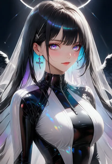 Long smooth straight black hair, inner dark iridescent hair, iridescent eyes,standing in athlete black and white clothes. masterpiece, super detail, best quality, 8k,realistic