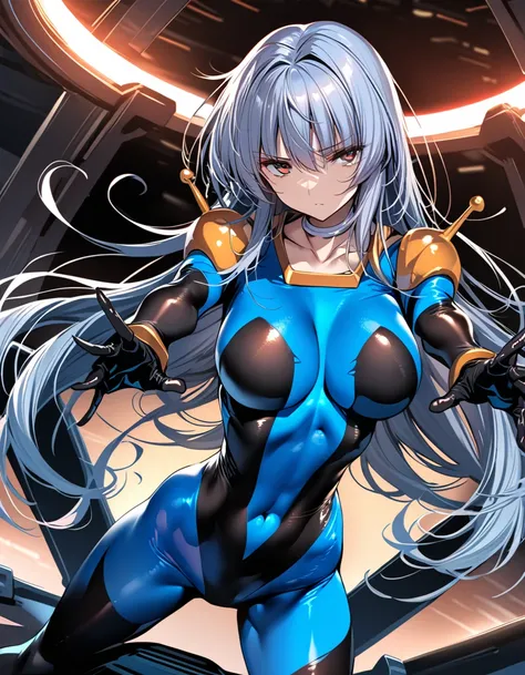 Neck ribbon,Perfect hands, Perfect fingers,Perfect Anatomy, masterpiece, Best Quality,Anime Style, 16K HDR,(One Girl:1.4), ,Blue Hair, Straight Long Hair,mobile trace suit, shoulder armor,break,(Red and blue bodysuit),Sexy pose, whole body, cockpit,(Expres...