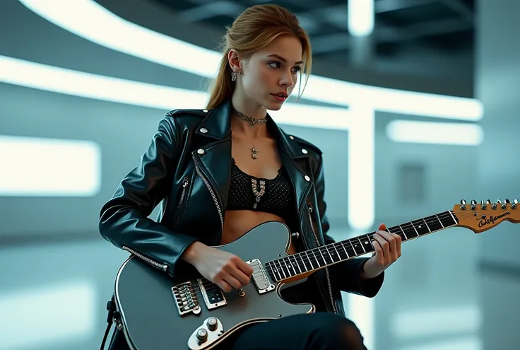 1 girl,  , electric guitar player , best technology, futurist, High quality, futurist, ultrarealism , 4K , HD, outfit futurist, rock music, caucasian girl , f , américan girl, American skin color, white skin color , perfect girl 
Leather chrome jacket, bla...