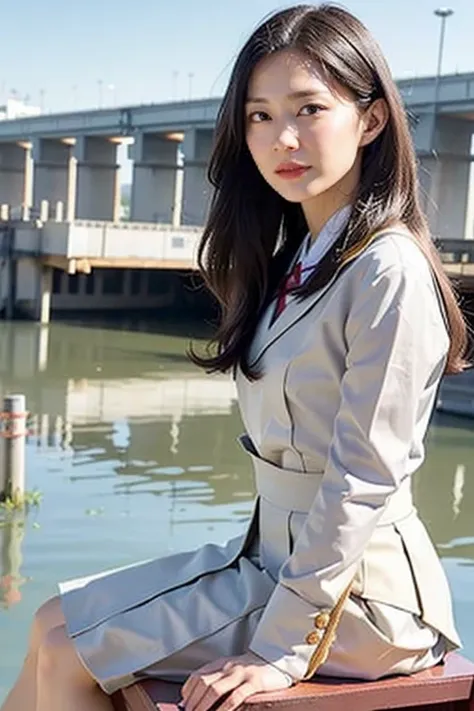 masterpiece, Bokeh, (Beautiful Face), (Detailed face), (Perfect hands:1.2), (Japanese Idols:1.6), (School Uniform:1.3), ( Large bridge construction site:1.3), (Blushed:1.3), Work Boots, (From below:1.5), 