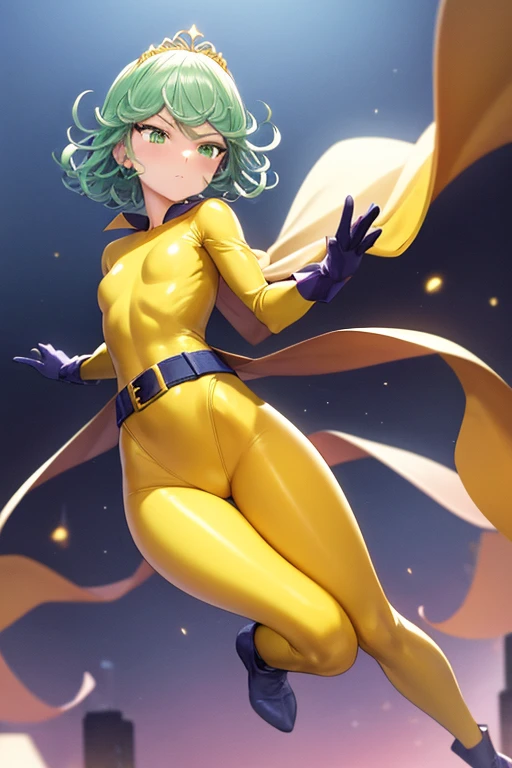 Masterpiece, best quality, ultra detailed, illustration, epic lighting, cinematic composition, 1 girl, Tatsumaki, short hair, green hair, very small breasts, green eyes, bright eyes, blushing, closed mouth, piercing gaze, full body, Star-shaped tiara, Hand...