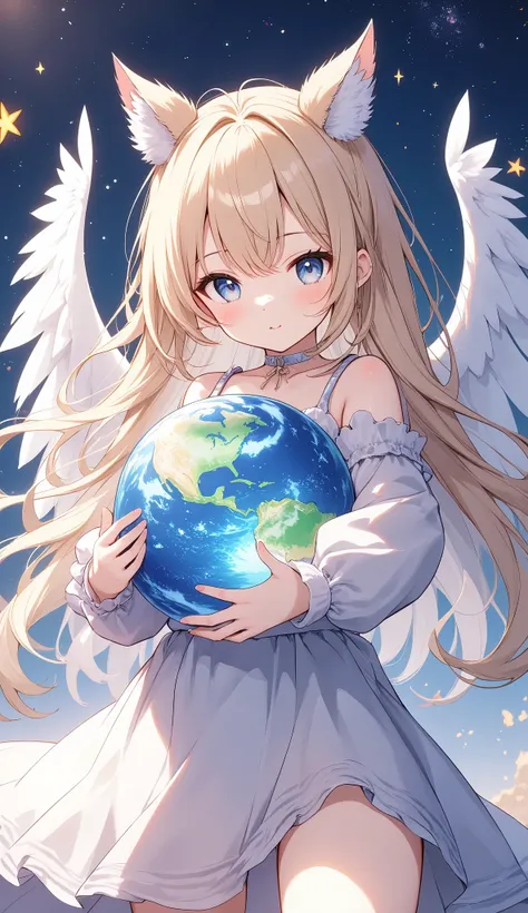 light lines and light colors、the entire universe、embrace the earth with both hands、cute angel、spreading white wings