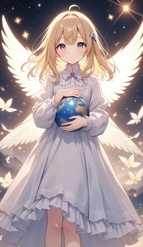 light lines and light colors、the entire universe、embrace the earth with both hands、cute angel、spreading white wings