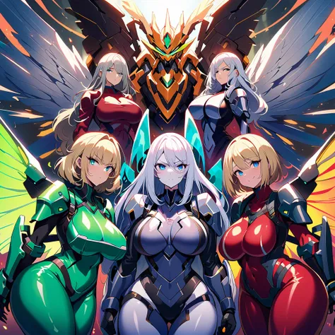 Anime, high detailed, multiple womans, mature womans, glassy-lighted green mecha armor, large mechanical wings, determined expression, large clawed Gauntlet, curvy body, long mechanical wings ,sheen aura、pale skin、blue Eyes, elongated pupils,  Mature Woman...