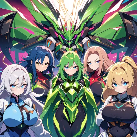 anime, high detailed, multiple womans, mature womans, glassy-lighted green mecha armor, large mechanical wings, determined expre...