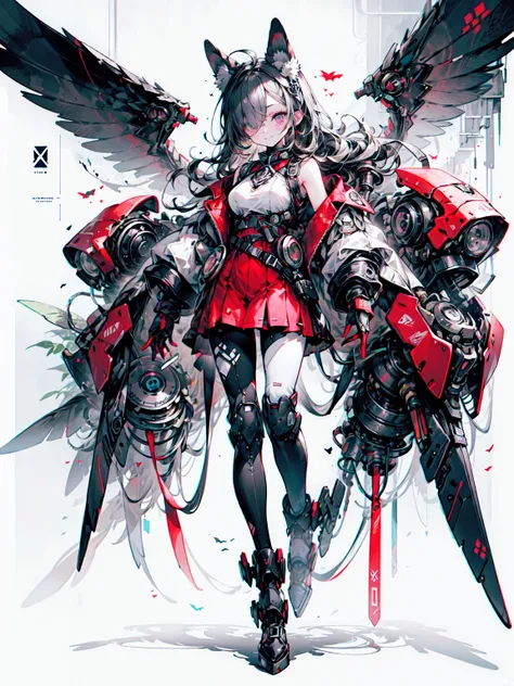 Owl Ears, Wings, Wings, nail, Mechanic, Mechanical body,, ultra detailed, masterpiece, Best Quality, Midea, detailed,, Alone, 得意げなsmile, One girl, Purple eyes, red-framed eyewear, (Black Hair, Red chip:1.2), Red striped hair, Long Hair, Side Ponytail, Hair...