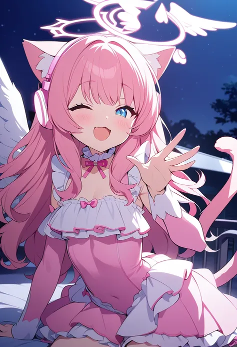 masterpiece,best quality,ultra detailed,(hyper cute anime style ultra pretty character),1 girlish boy,pink hair,long hair,cat ears,cat tail,angel halo,angel wing,open mouth smile,(((night))),pink headphone,pink angel bodysuit,pink frilly overskirt,