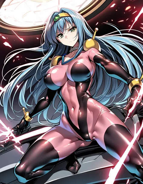 Neck ribbon,Perfect hands, Perfect fingers,Perfect Anatomy, masterpiece, Best Quality,Anime Style, 16K HDR,(One Girl:1.4), ,Blue Hair, Straight Long Hair,mobile trace suit, shoulder armor,break,(Red and blue bodysuit),Sexy pose, whole body, cockpit,(Expres...