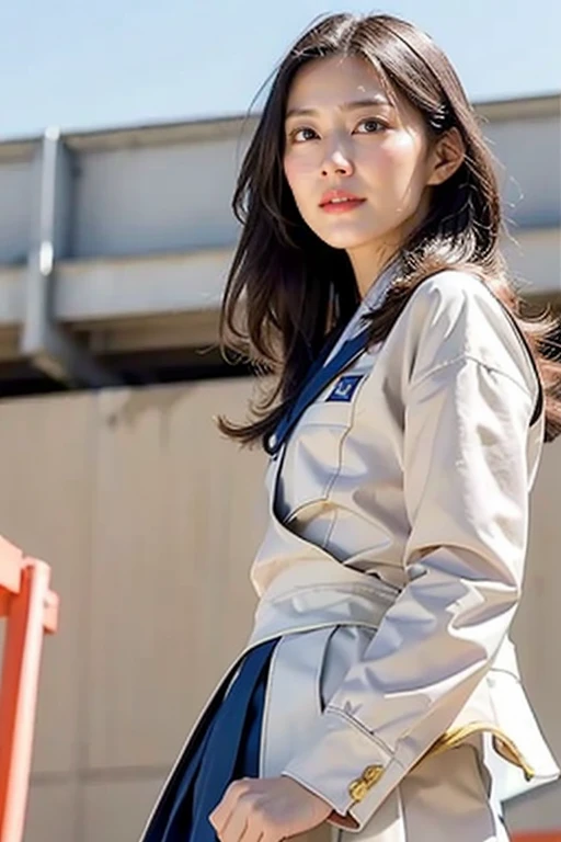 masterpiece, Bokeh, (Beautiful Face), (Detailed face), (Perfect hands:1.2), (Japanese Idols:1.6), (School Uniform:1.3), ( Large bridge construction site:1.3), (Blushed:1.3), Work Boots, (From below:1.5), 