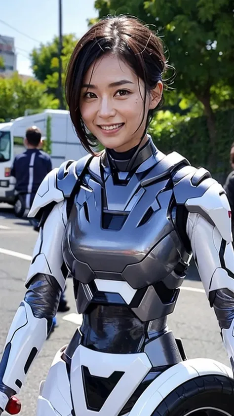 best quality　8k (war machine)　cyborg middle-aged woman　　sweaty face　　short hair　　steam coming out of my head　my hair is wet with...