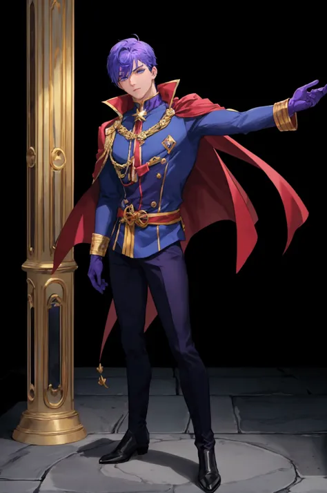  French boy, blue and purple hair, blue eyes, athletic, muscular, He is wearing a red shirt, black pants, golden boots and gloves, a golden sash and a purple cape with a high collar, Generating magic circles