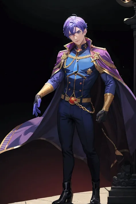  French boy, blue and purple hair, blue eyes, athletic, muscular, He is wearing a red shirt, black pants, golden boots and gloves, a golden sash and a purple cape with a high collar, Generating magic circles