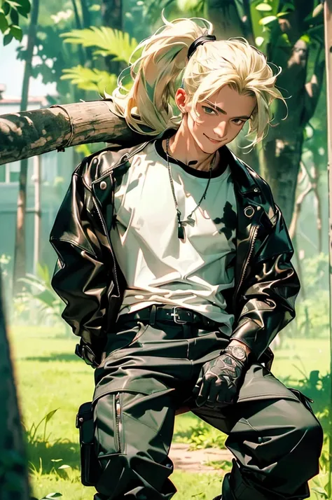 ((UHD, masterpiece, accurate, anatomically correct, super detail, best quality, 4K)), a French man ((wearing a black cowhide jacket over a white T-shirt)), ((wearing pale green-colored cargo pants and black boots)), blond hair, long folded ponytail, slende...