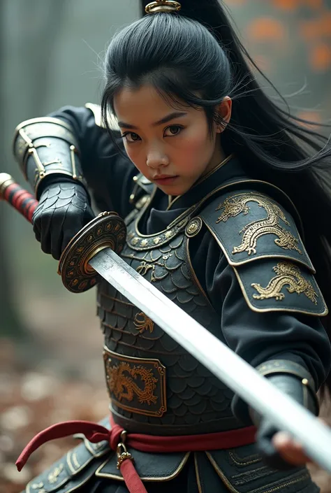 One girl from Japan, Long black hair、Cute beautiful girl Sengoku period、Dragon Armor、Sword-wielding pose