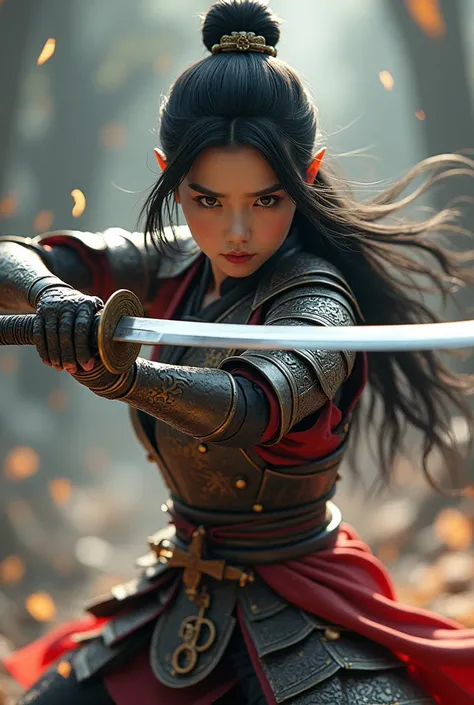 One girl from Japan, Long black hair、Cute beautiful girl Sengoku period、Dragon Armor、Sword-wielding pose