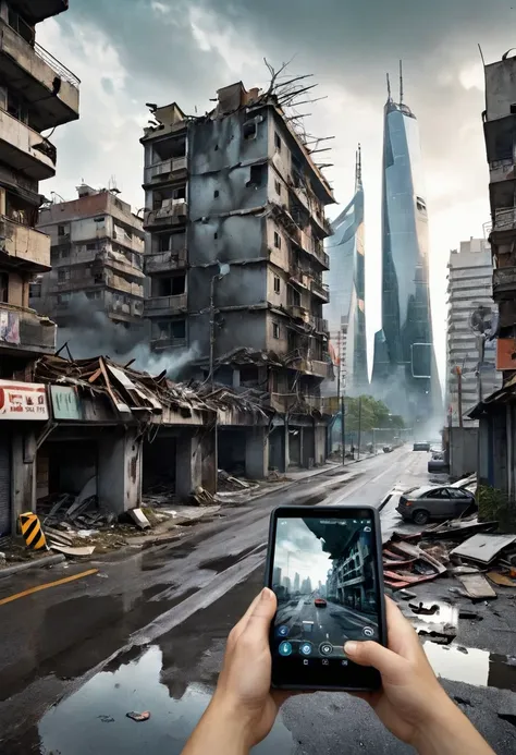 Create an image for the cover of Chapter 6 of the book 2067, where a futuristic city is depicted completely destroyed, due to a virtual reality game that has contaminated peoples minds. The image should convey the feeling of chaos, desolation and destructi...