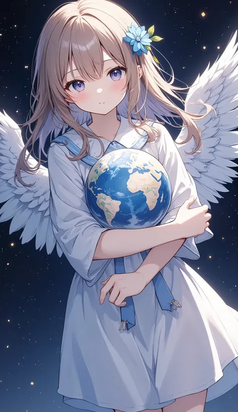 light lines and light colors、a wide cosmic background、embrace the earth with both hands、cute angel、spreading white wings