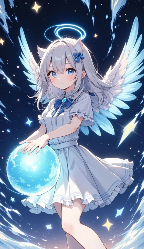 light lines and light colors、a wide cosmic background、embrace the earth with both hands、cute angel、spreading white wings,animal ...