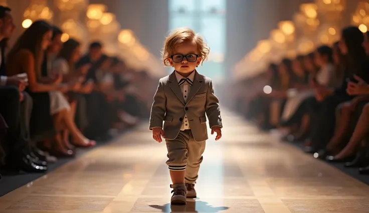 Baby with glasses and stylish hair in a dress with a suit on a catwalk walking in a fashion show