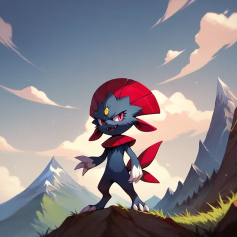 Weavile, Pokémon, whole body, original pokemon design, standing two paws, Solo, show sharp claws, mountains