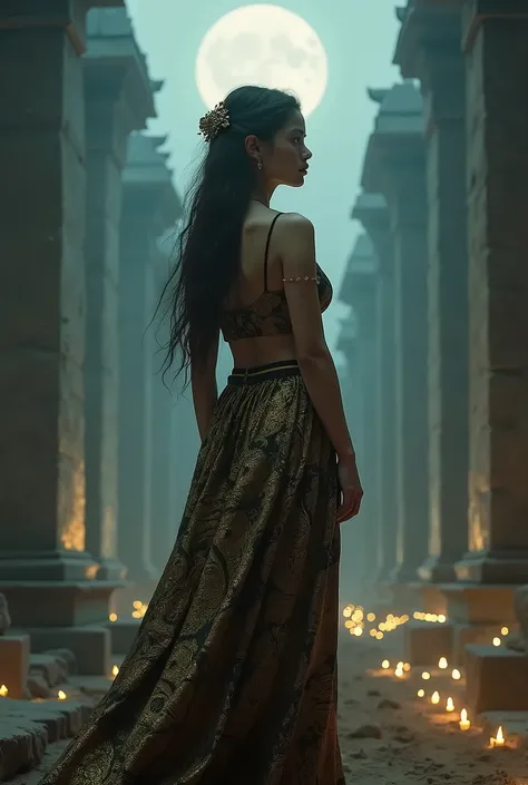 A captivating scene of Roro Jonggrang, a beautiful Javanese princess, standing regally at the center of an unfinished temple complex under the moonlit sky. She is dressed in an elegant traditional Javanese kebaya, with intricate gold and batik patterns tha...