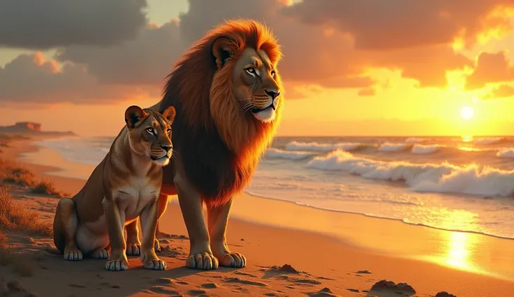 Un lion et une lionne sur une magnifique plage, soleil couchant 