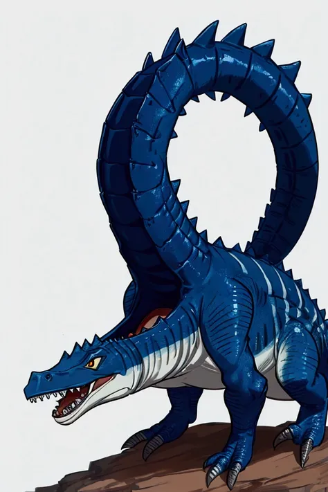 Spinosaurus aegyptiacus is blue in color with tubes under its snout and tentacles coming out of it. 