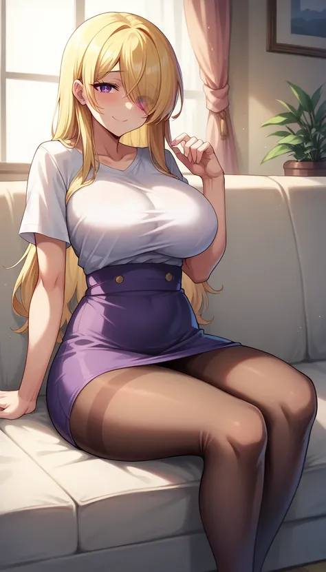 ((best quality)), ((masterpiece)), (detailed), 1 , pastel yellow hair, , Hair covers one eye, purple eyes, Tight, big breasts, thick thighs, shy smiling expression, white voting t-shirt, purple skirt, brown pantyhose, at home, sitting on the sofa