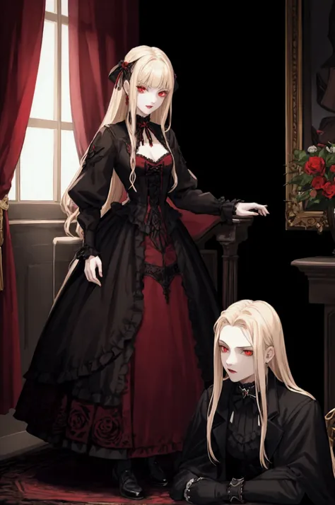 a 17 year old black vampire, blond hair, red eyes, high, marked, Victorian clothing dress