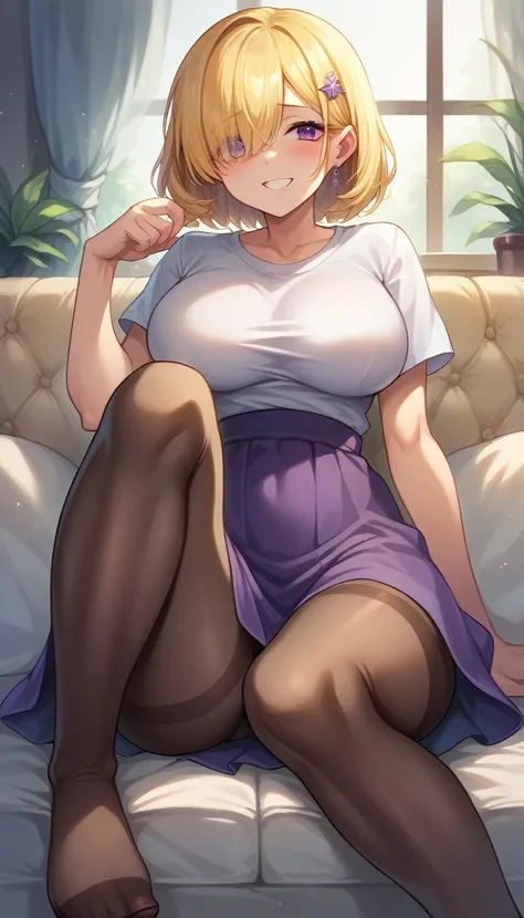 ((best quality)), ((masterpiece)), (detailed), 1 , pastel yellow hair, , Hair covers one eye, purple eyes, Tight, big breasts, thick thighs, shy smiling expression, white voting t-shirt, purple skirt, brown pantyhose, at home, sitting on the sofa