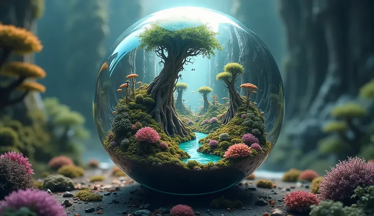 (((masterpiece))) (((Best Quality))) Glass sphere, close-up of a Planet with a bunch of trees on it, overgrown Planet, green Planet, Fractal World, A lush world of fantasy, fantasy Planet, Dyson sphere, pink Planet, 3D rendering beep, Planetary landscape, ...