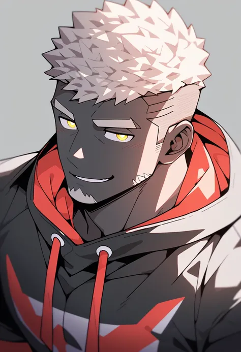 anime characters：Gyee, Young Muscle Sports Sexy Teacher, negro black skin, Manliness, male focus, long-sleeved hooded sweatshirt, Very tight, muscular male, muscular, only, Upper body,  White short hair, Thick eyebrows, stubble, Yellow eyes, Grey backgroun...