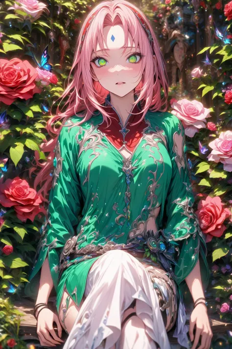 absurdres, highres, ultra detailed, HDR, master piece, detailed eyes, detailed face, Haruno Sakura, pink hair, long hair, expressive green eyes, woman sitting, best quality, Naruto Shippuden, solo, fantasy, magical, sensual, glittering, accessories, extrem...