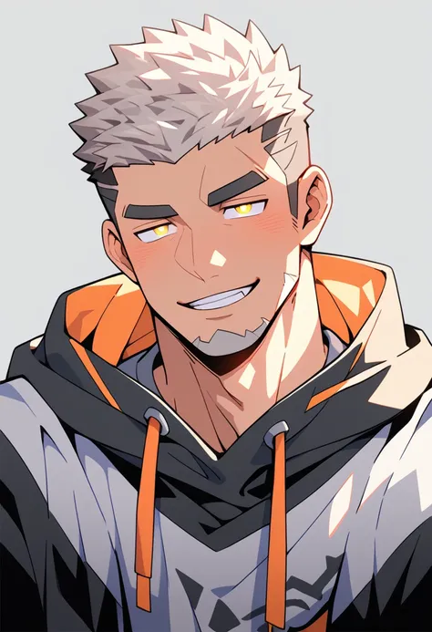 anime characters：Gyee, Young Muscle Sports Sexy Teacher, negro black skin, Manliness, male focus, long-sleeved hooded sweatshirt, Very tight, muscular male, muscular, only, Upper body,  White short hair, Thick eyebrows, stubble, Yellow eyes, Grey backgroun...