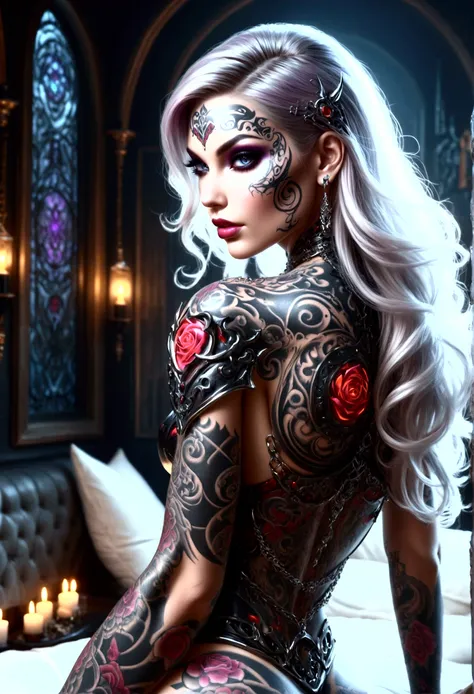 beautiful digital artwork, beautiful digital art, detailed gorgeous face, 10k high quality detailed art, very beautiful digital art, digital art. highly detailed, beautiful detailed body, Create a hyper detailed photograph of a perfectly simetrical tattooe...