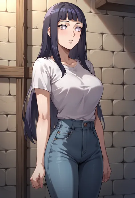 score_9, score_8_up, score_7_up, score_6_up, score_5_up, score_4_up, source_anime, 1girl, hyuuga hinata, solo, purple hair, long hair, white eyes, without pupil, white shirt, jeans pants, dungeon, best quality, best res, 4K UHD,
 