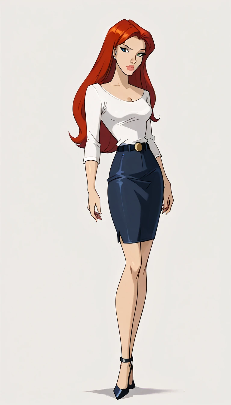 score_9, score_8_up, score_7_up, dcaustyle, 1girl, solo, very sexy (Jean Grey, Evolution, long hair, red hair, green eyes, retro artstyle:1.3), (beautiful waifu, thicc, long legs:1.2), (wearing tight pencil skirt, belt, blouse, high heels:1.4) cleavage, fl...