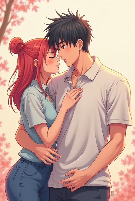 Anime Man wearing a Massive Popped Collar Polo with his girlfriend putting her arms around his collar and popping his Massive Popped polo collar up for him