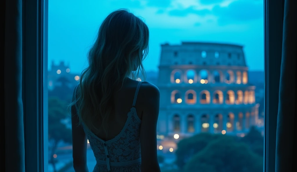 The whole place is filled with deep blue light., ((Best Quality)), ((masterpiece)), (detailed), One Girl, sexy, Russian women, Long blonde wavy hair, She is wearing a sheer white lace dress...., I can only see your back, ((whole body)), See the Colosseum i...